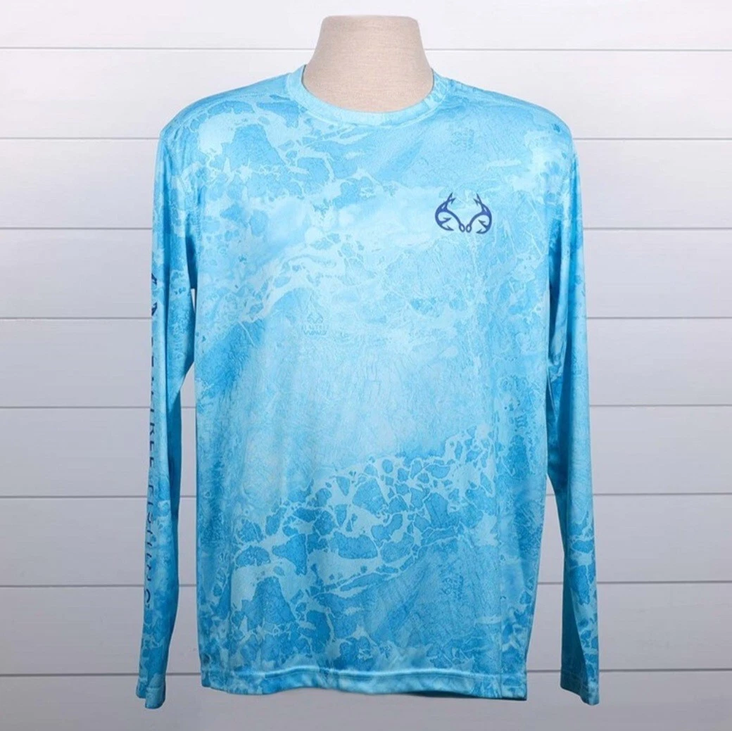 NWT RealTree Fishing Long Sleeve UV Shirt Blue Wave Medium with Bottle Opener!