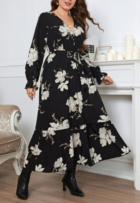 Plus Size White Tulip Print Flowy Black Maxi Dress | eBay