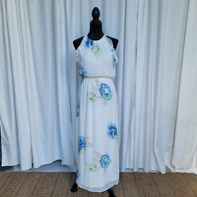 blue and white floral dress maxi Blue and White Ruffle Scoop Neck Floral A-Line Dress