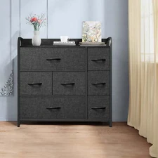 Uforic Fabric Storage Dresser with 7 Drawers Wooden Top Versatile Black Gray