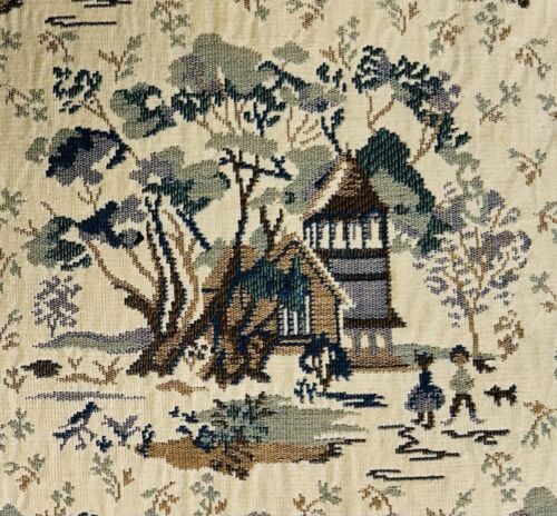 Set of 2 Vintage Handmade Toile 13" square toss pillows~house/tree scene~RARE!! - Picture 3 of 5