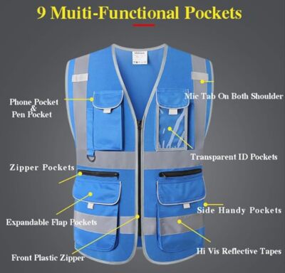 Visindark Blue Reflective Safety Vest With 9 Pockets - High Visibility Work Vest For Men & Women - View #3