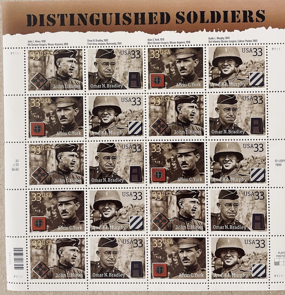DISTINGUISHED SOLDIERS MNH SHEET OF 20 STAMPS SCOTT #3393-96, MNH FREE SHIP 33 C - Image 2 of 4