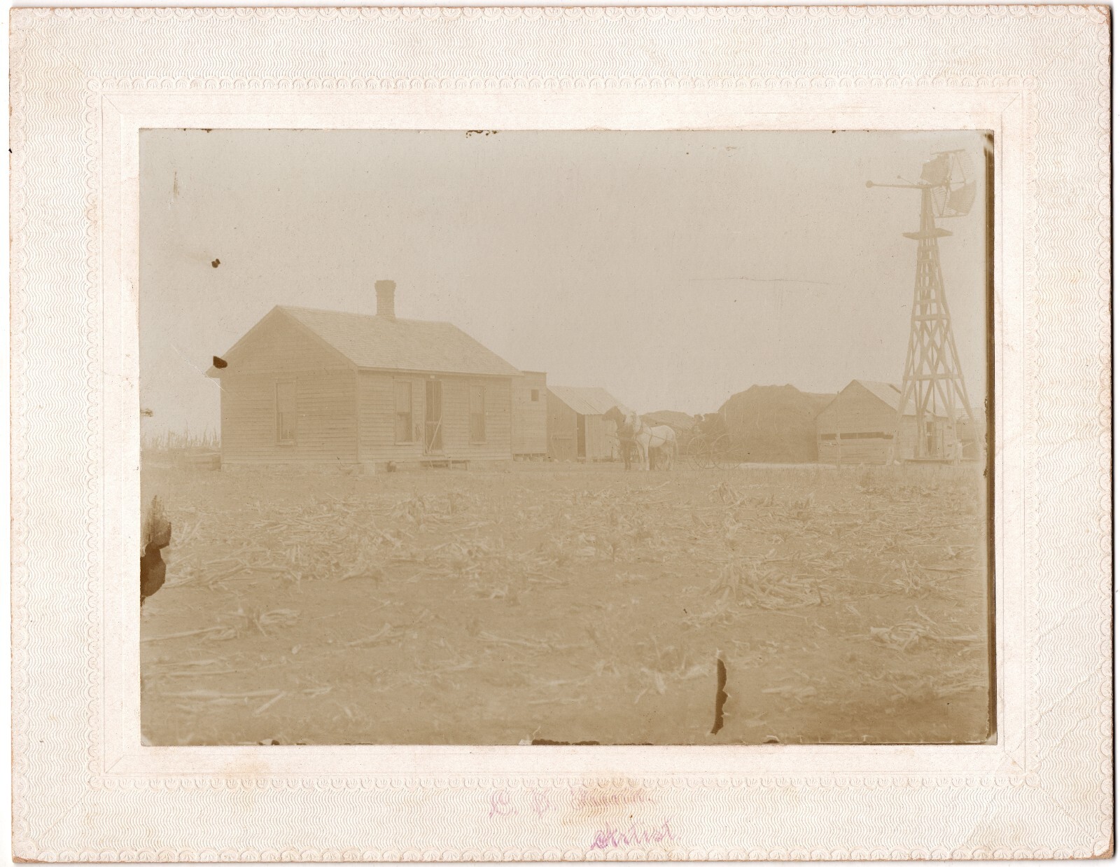 CIRCA 1890s CABINET CARD C.D. FRANK FARM WITH BARN, HORSES, AND WINDMILL