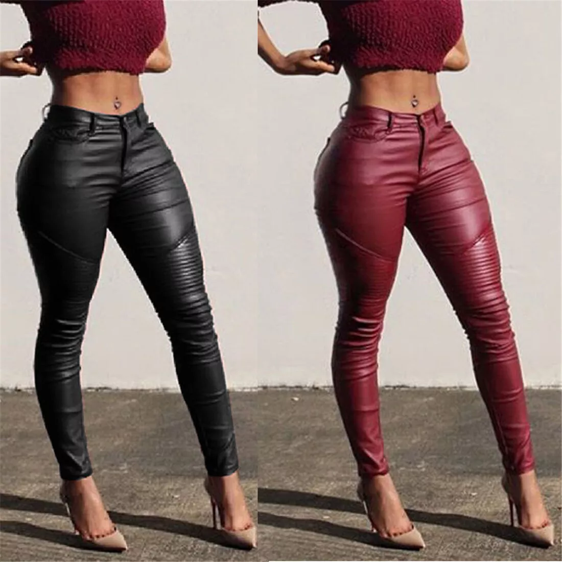 Red leather cheap pants womens