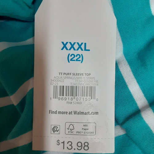 Time & Tru Women's Puff Sleeve Top Aqua Spring/Vivid White Stripe XXXL(22) - Picture 4 of 4