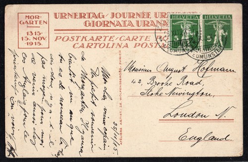 Schweiz halbamtliche Ganzsache, Urnertag 1915 portorichtig 23.XI.15 nach LONDON - Bild 2 von 2
