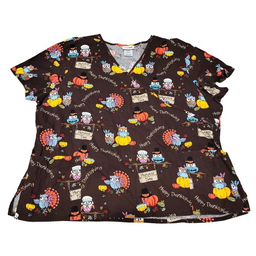 Scrubstar Womens Thanksgiving Print Scrub Top 3X/3XG 100 Cotton Brown