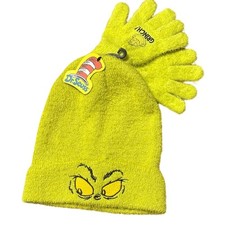Dr. Seuss Grinch Youth Big Kid FUZZY Beanie Winter Hat  Gloves Set OS Green NEW