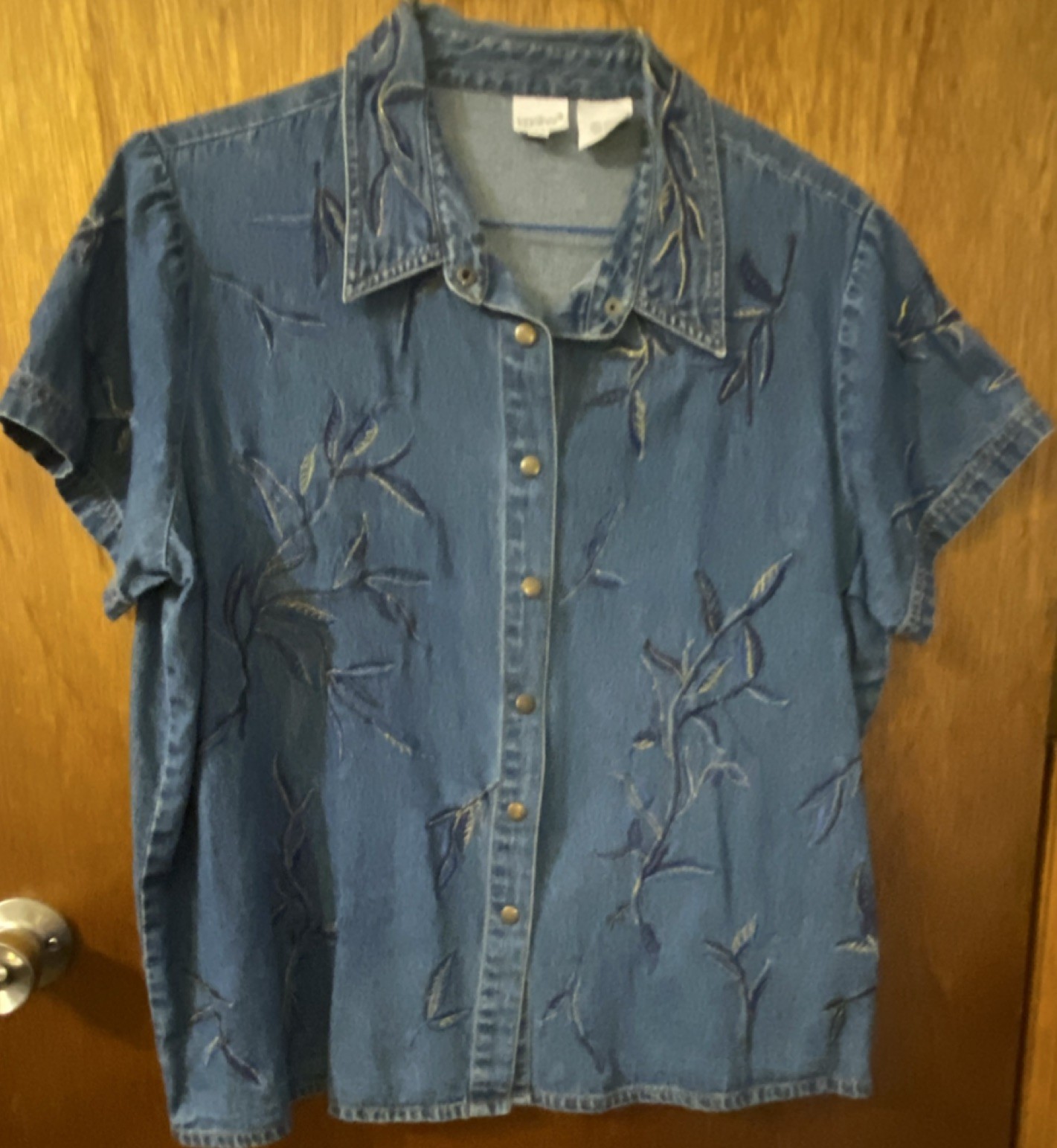 Together Blue Denim Floral Embroidered Collared Button Blouse Short Sleeve 2X