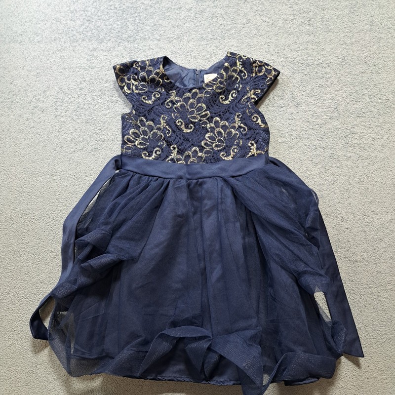 Wonder Nation Mini Dress Flare Size 7 Navy Blue Lace Trim Cap Sleeve belted