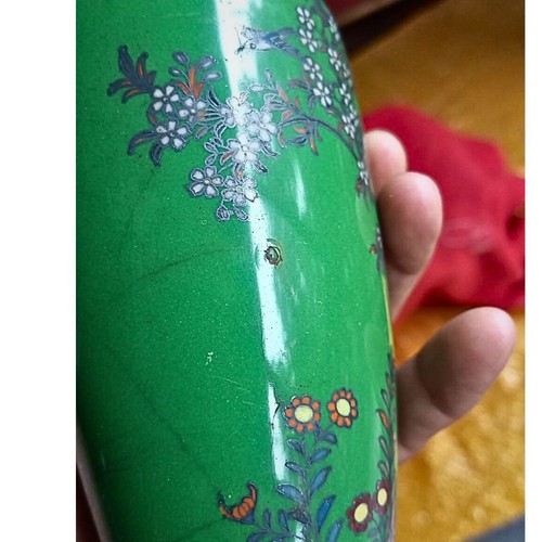 Rare Antique Cloisonne Vase Green Enamel Bronze line Japan floral Vintage 1900s - Picture 16 of 24