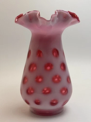 Vintage Fenton Vase Pink Cranberry Glass Opalescent Coin Dot Pink Ruffled Top 7"