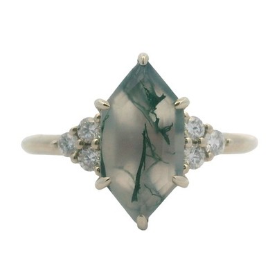 Solid 14kt White Gold Moss Agate and Diamond Accent Solitaire Ring Size 7