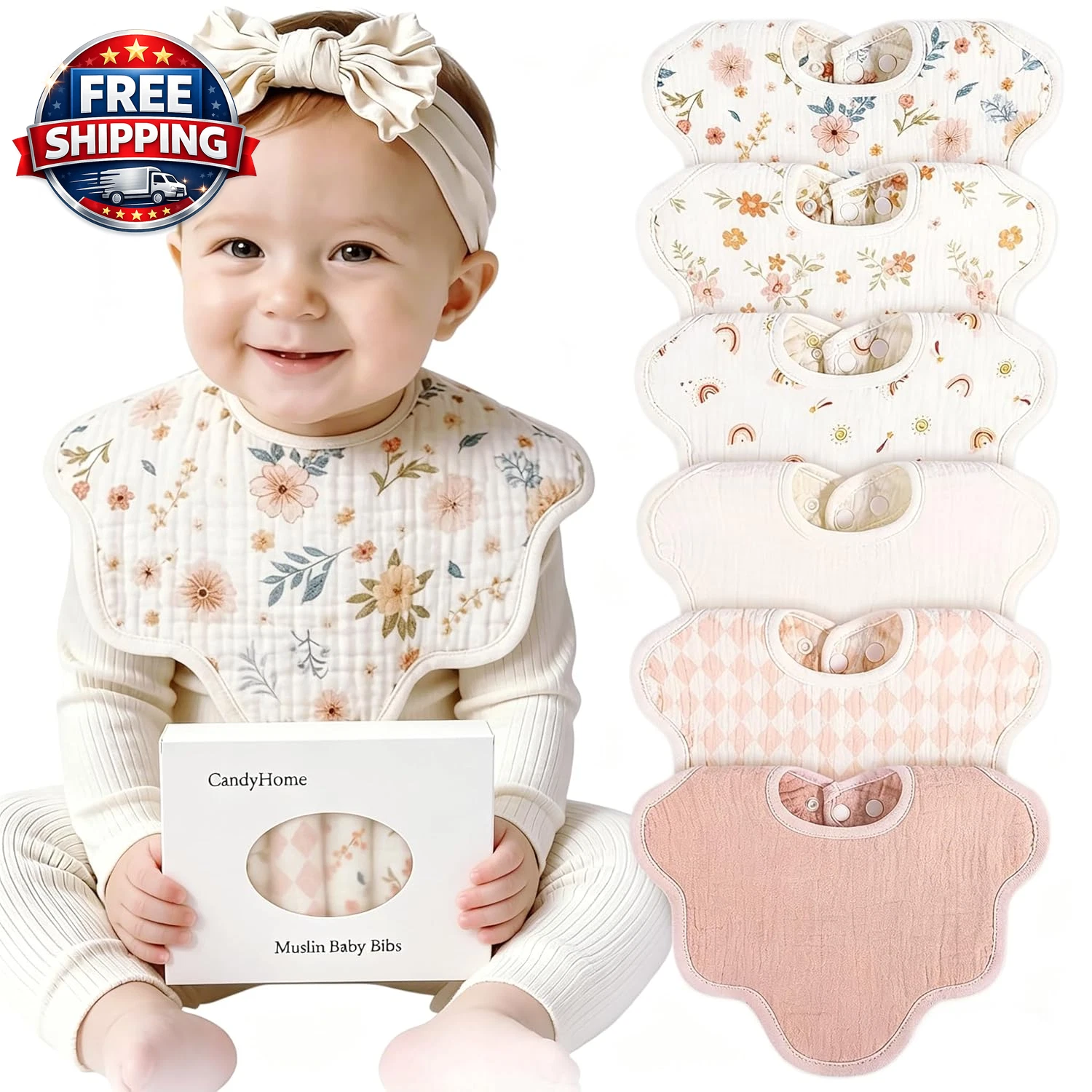 Muslin Bibs for Baby Girl Boy 6 Pack, 100% Cotton Extra Soft Absorbent Bandana B