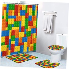 LOKMU 4 Pcs Shower Curtain Sets with Non-Slip Rugs,Toilet Lid Colorful Blocks