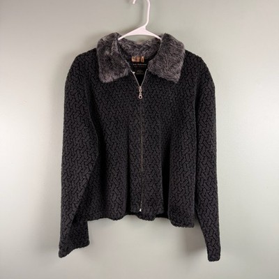 B.C. CLOTHING Plush Dark Gray/Black Zip-Up Cropped Jacket w/ Faux Fur Collar LG