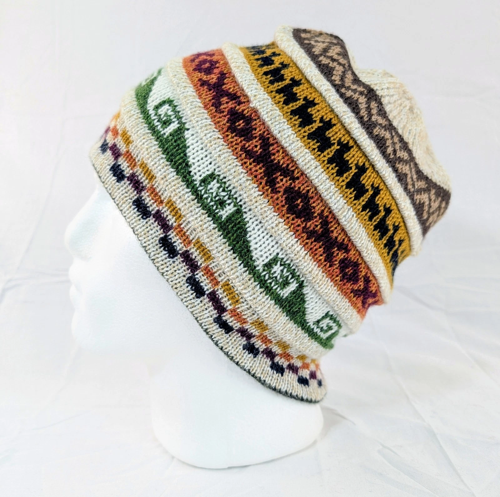 Soft Baby Alpaca Reversible Beige Green Beanie Unisex Colorful Boho Llama Peru