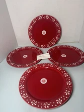 Made In Portugal Red Peppermint Candy Dinner Plates 11 inch Set of 4 Ceramic New