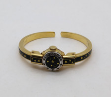 Vintage Bucherer Swiss Manual Gold Plated Black Enamel Celestial Star Cuff Watch