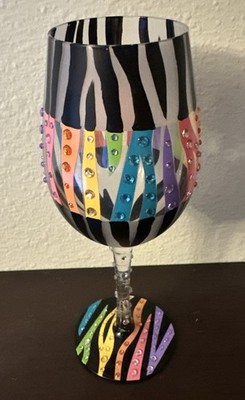 Lolita Love Your Stripes 15oz Wine Glass Zebra Multi Color Striped Hand Painted.