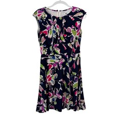 Wisp Petites Fit and Flare Dress 8P Navy Floral Excellent