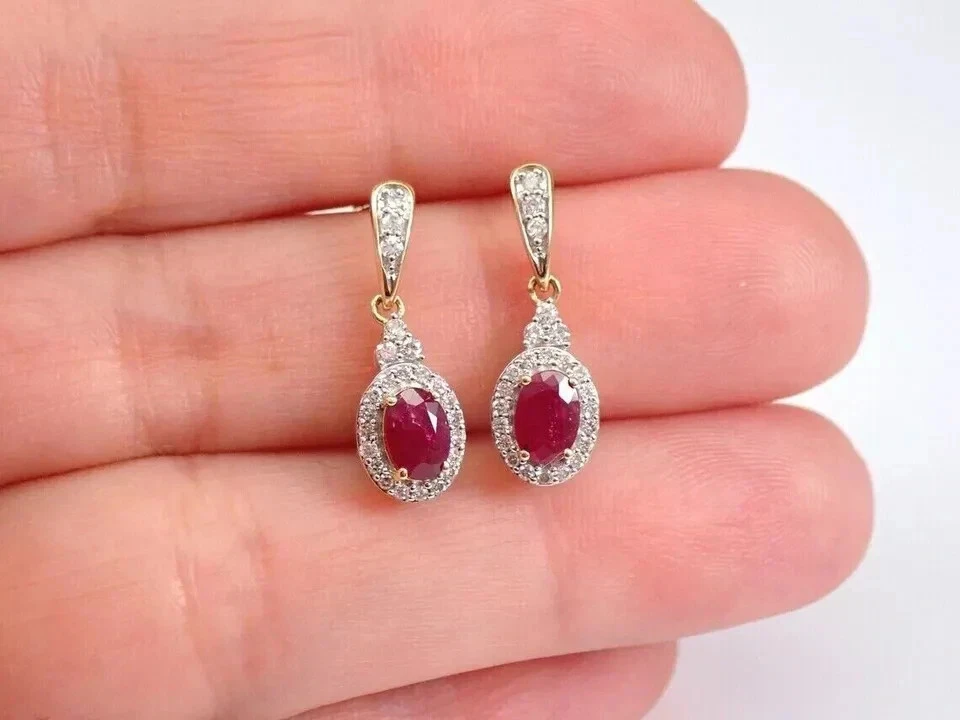 3Ct Oval Cut Lab-Created Ruby Halo Drop Dangle Earrings 14K Yellow Gold Plated - Image 4 of 4