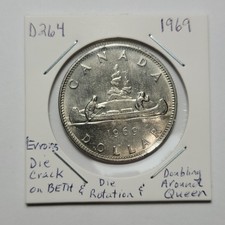 ERRORS 1969 One Dollar Die Rotation Doubling & Die Crack on BETH CANADA D264