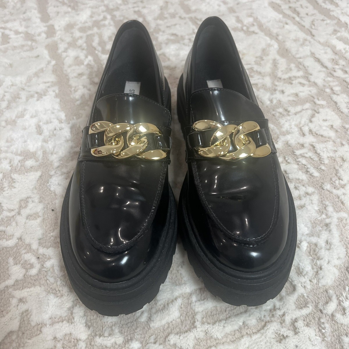 Steve Madden Gold Chain Lug Sole Black Patent Loafer’s Shoes M Womens