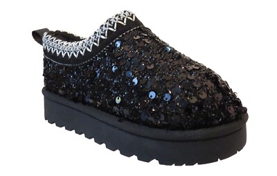 KIDS SLIPPERS GIRLS WARM WINTER FAUX FUR LINED SEQUIN ANKLE SHOES MULES  SIZE UK