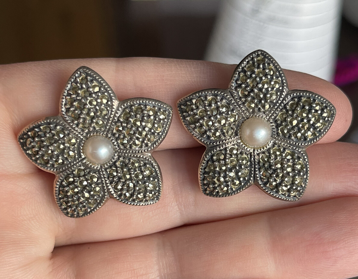 Vintage JUDITH JACK 925 Silver Marcasites Pearl Large Flower  display picture 3