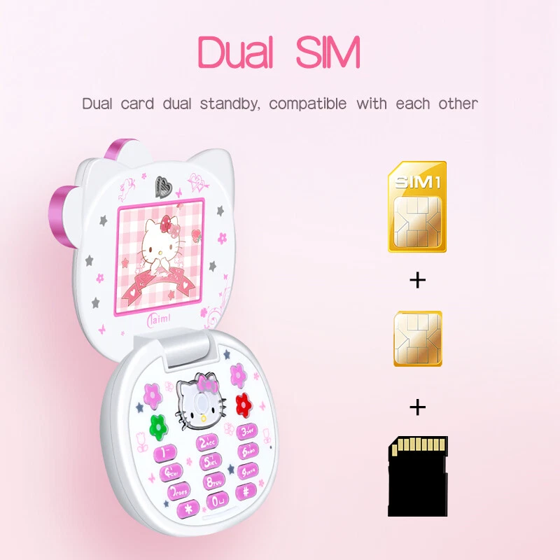 Unlocked HelloKitty Cute Girl Gift Mini Mobile Cell Phones Flip Cartoon Dual Sim - Image 2 of 4