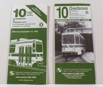 1995-96 SEPTA Trolley, Bus & Train, 2 Time Tables, 10 Overbrook, Philadelphia