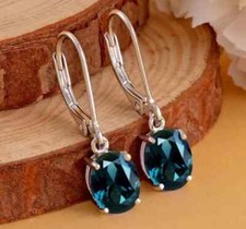 3Ct Oval Lab Created London Blue Topaz Drop/Dangle Earring 14K White Gold Plated