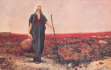 A147 Painting Blind Woman Water Can Stick Poppy field signed Piglheln postcard