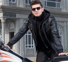 Genuine Black Leather Jacket with Removable Hood, Real Leather Jacket for Men