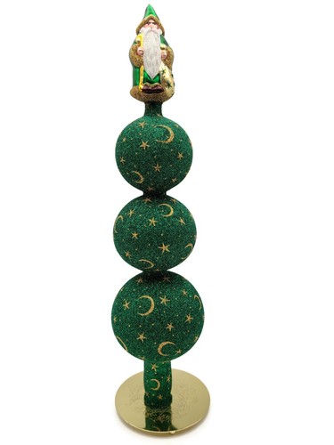 Patricia Breen Woodland Santa Finial Green Gold 3-Ball Christmas Tree Finial Top - Picture 6 of 7