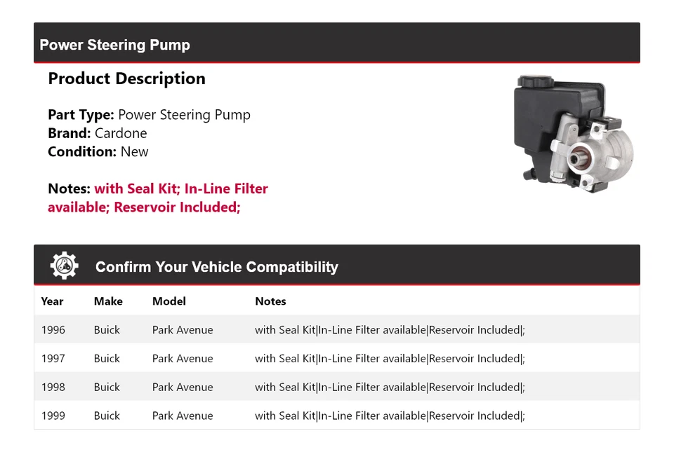 Bomba de dirección asistida Cardone 1997 1998 para Buick Park Avenue 1996-1999 Foto 2 de 4