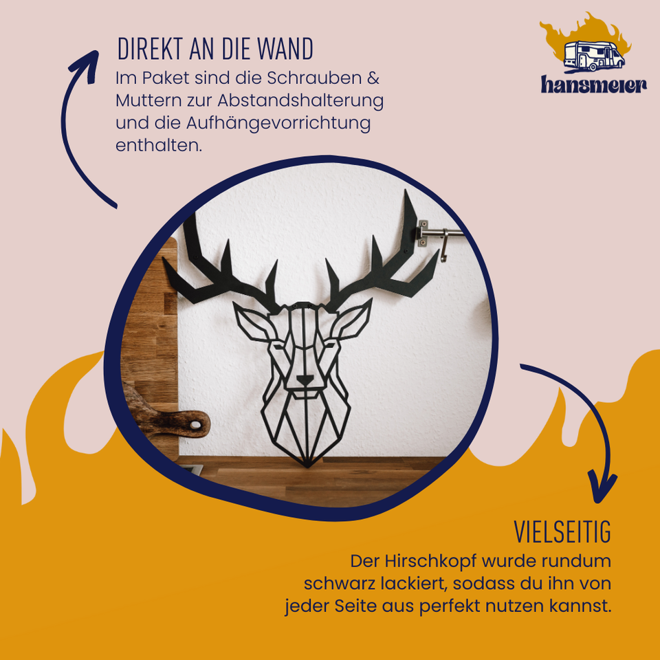 Hansmeier Hirsch Wanddeko Metall - Schwarz 30x30cm Industrial Style Innen & Außen