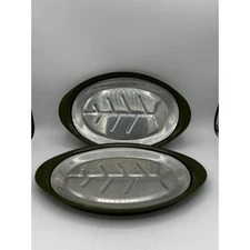 Vintage Aluminum Meat Platter Tray Olive Green BBQ Steak Sizzle Set of 2