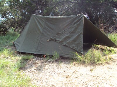 Complete ready to use Two Piece Army pup Tent with poles, stakes