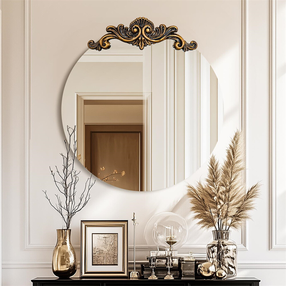 アンティーク鏡！ Large Vintage Mirror Baroque Antique Round Mirror for Wall Decor
