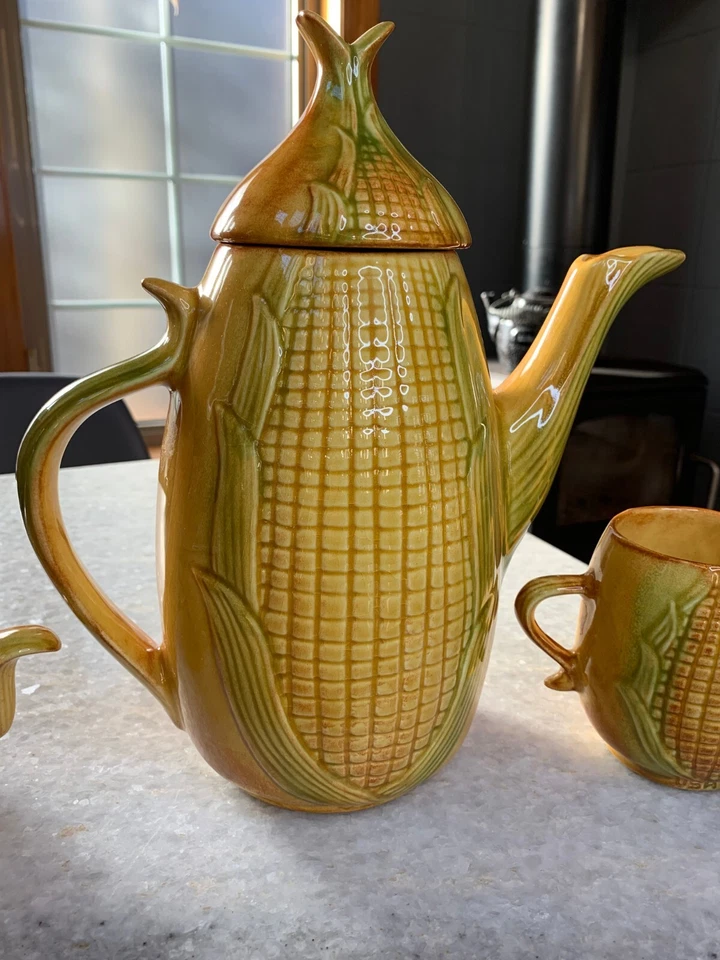 Антикварный набор кувшин сливочник сахарница кукурузная початок шелуха майолика американская керамика - Изображение 2 из 4
