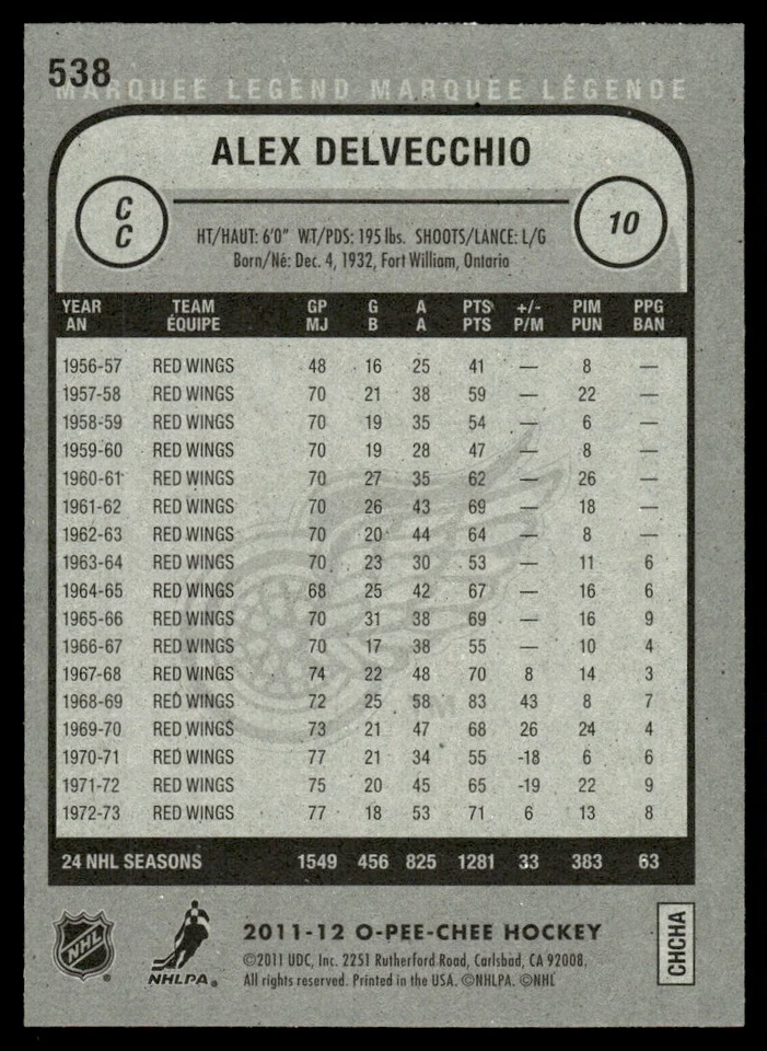 2011-12 O-Pee-Chee MARQUEE LEGEND Alex Delvecchio Detroit Red Wings #538 - Image 2 of 2