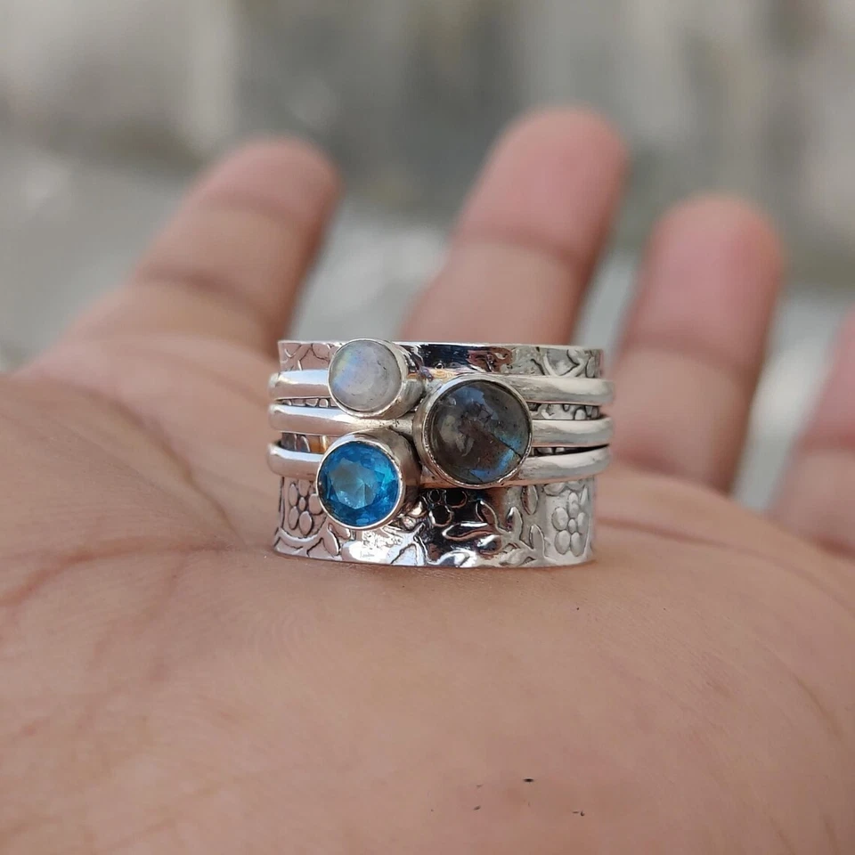 Anello rotante pietra di luna apatite labradorite argento sterling 925... - Immagine 4 di 4