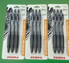Lot of 3 Zebra Gel Retractable Pens 0.7mm Medium Point Black Ink