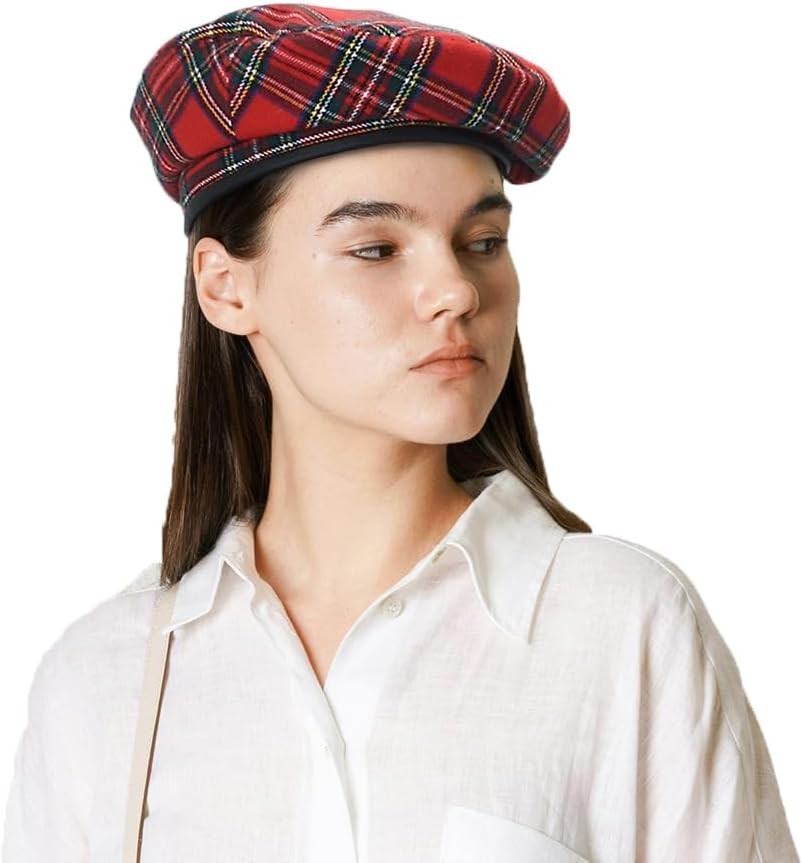 WITHMOONS Wool Beret Hat Tartan Check Leather Sweatband  display picture 2