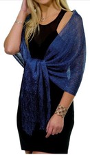 NWT-Sealed MULTI STYLES FRINGED WRAP-SHAWL-SCARF-METALLIC BLUE 1 SZ SHINE GLITZ