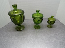 Viking Glass Epic 6 Petal Candy Dishes Green Set of 3 