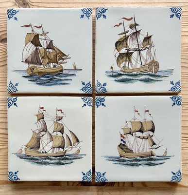 4 x Royal Tichelaar Makkum Holland handbemalte Fliesen mit Clipper Schiffsszene